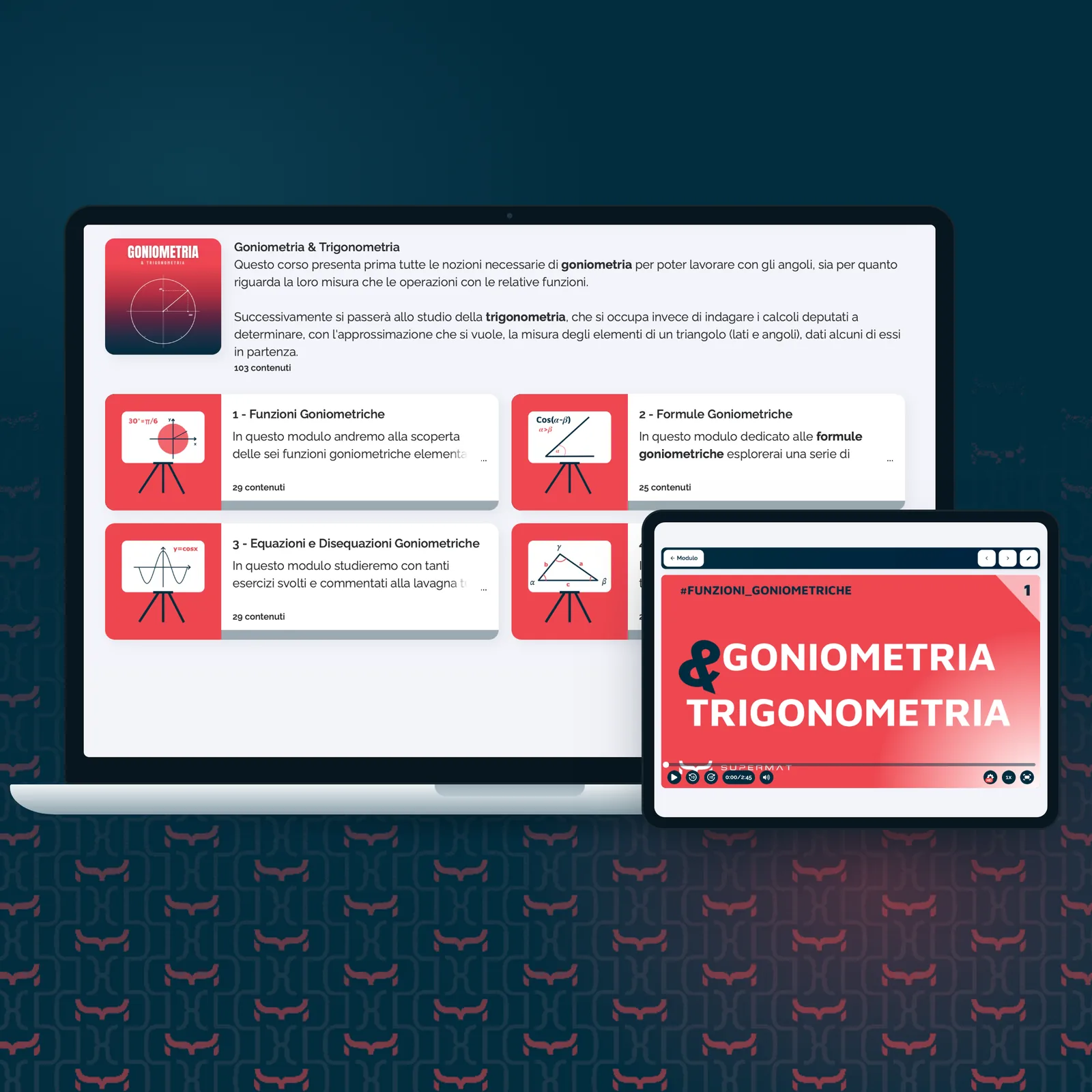Il corso Goniometria e Trigonometria della Supermat Academy su computer e una videolezione su tablet