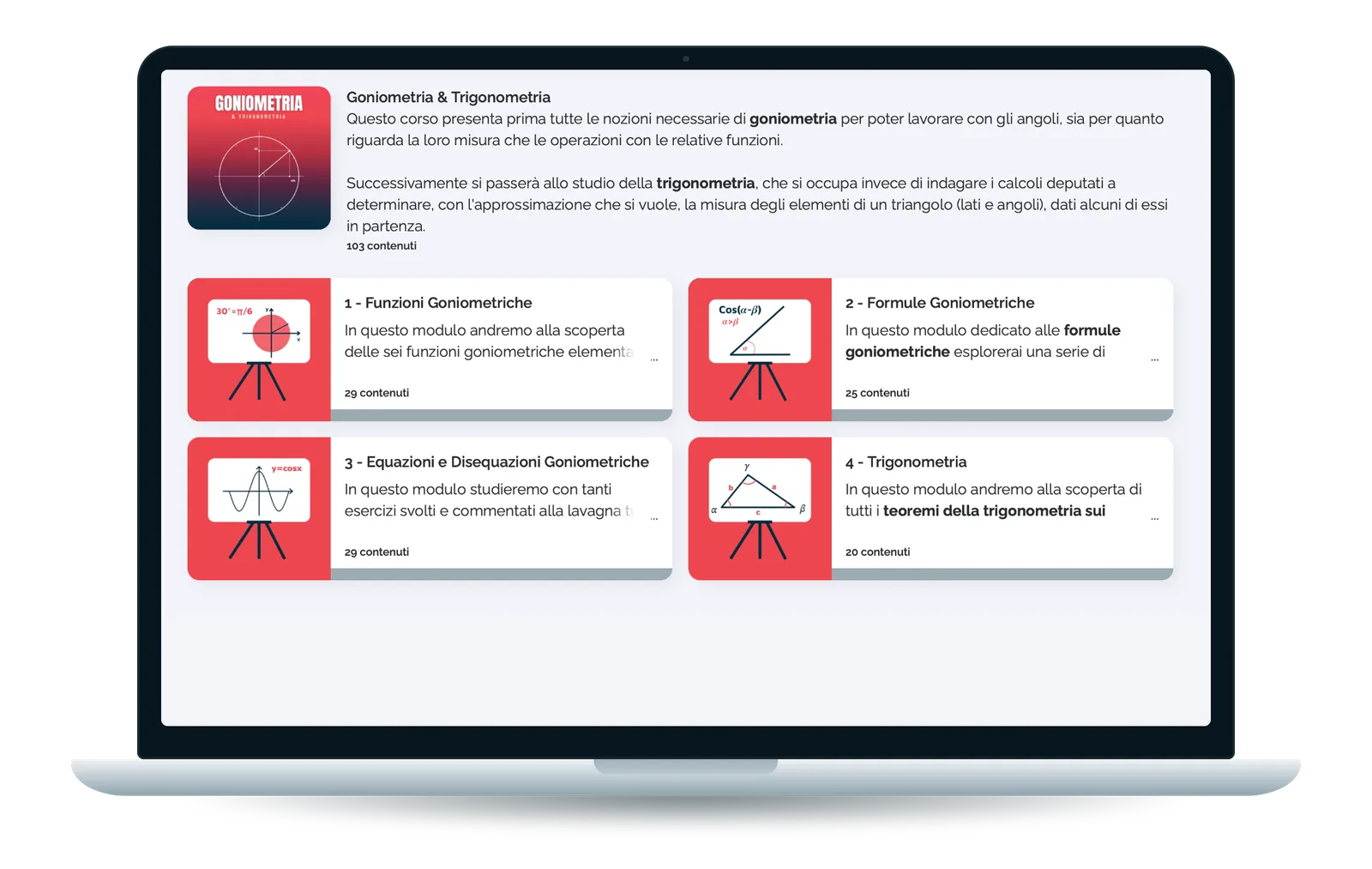 La pagina del corso Goniometria e Trigonometria nella Supermat Academy, su computer
