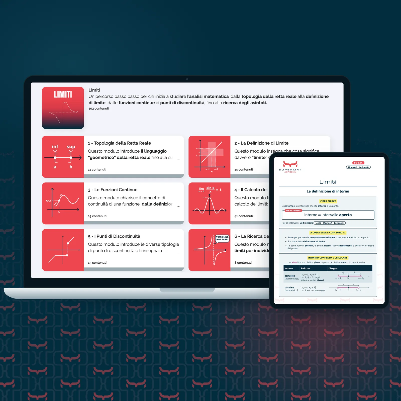 Il corso Limiti della Supermat Academy su computer e una scheda della lezione su tablet