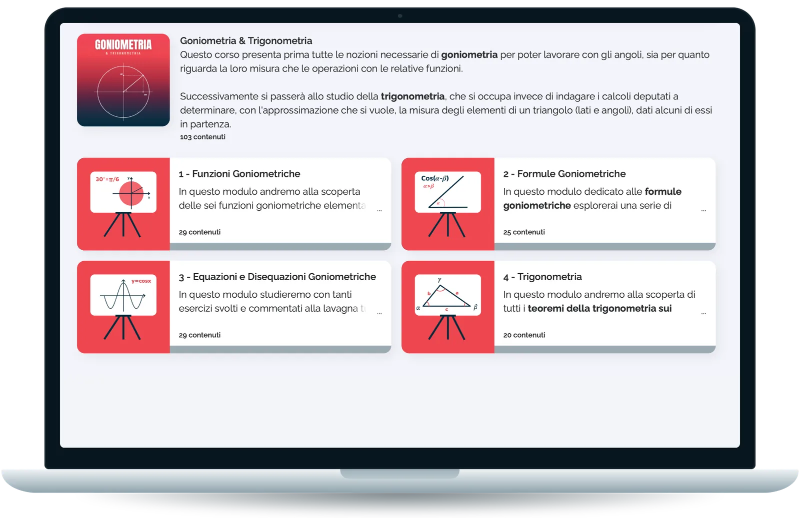 I quattro moduli del corso Goniometria e Trigonometria nella Supermat Academy, su computer