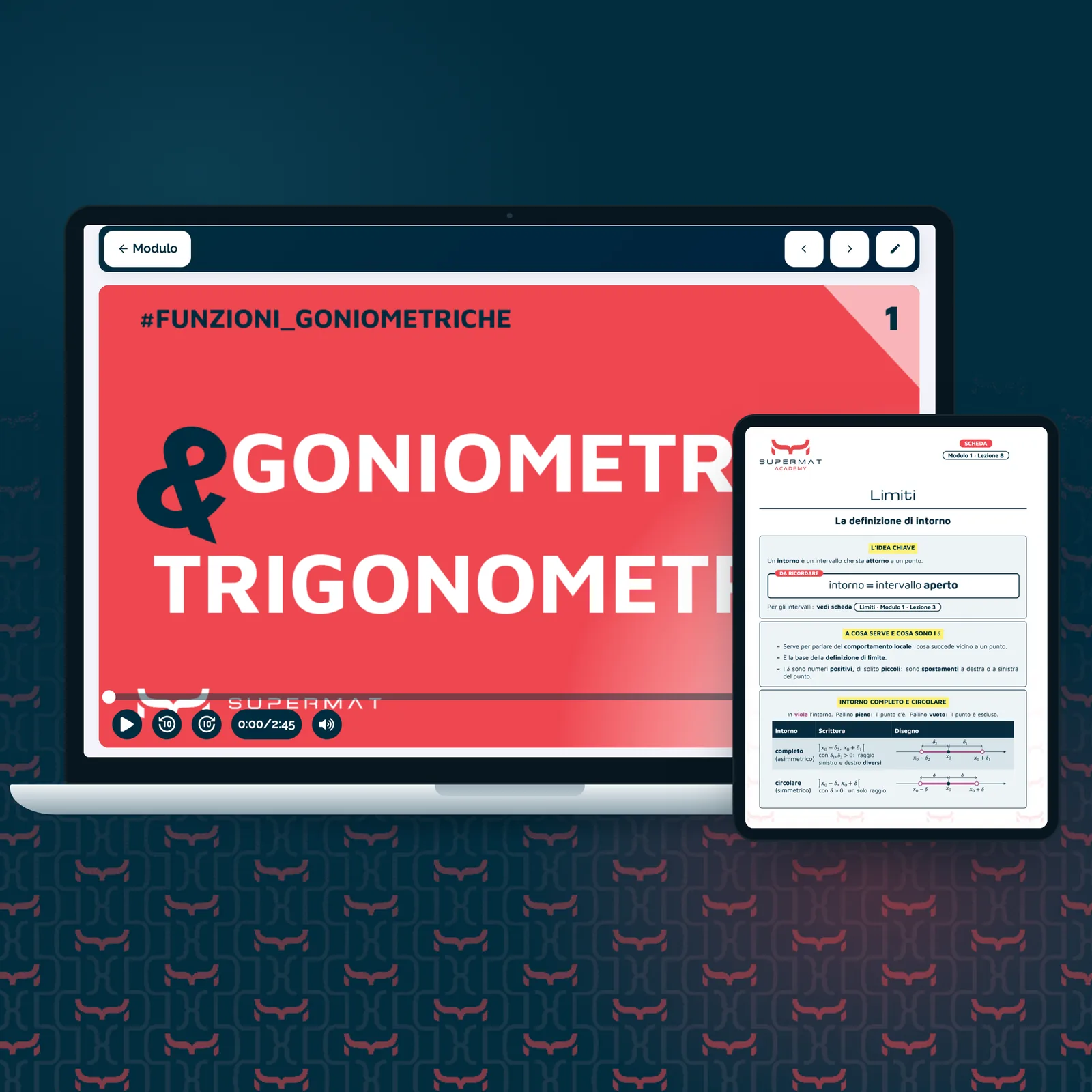 Una videolezione della Supermat Academy su computer e una scheda scaricabile su tablet